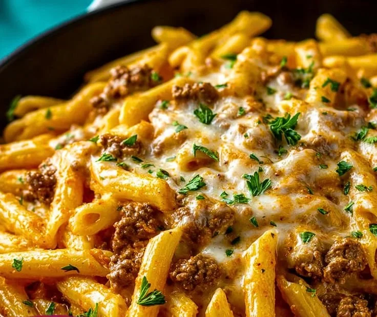 Creamy high protein beef pasta dish served in a bowl with garnishes.