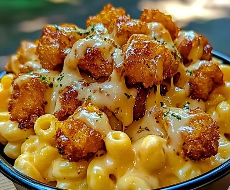 Creamy Honey Pepper Chicken Mac and Cheese topped with fresh herbs