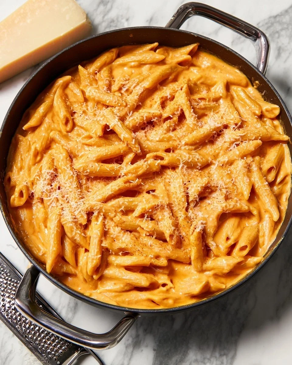 Creamy tomato pasta dish garnished with fresh basil, served in a bowl.