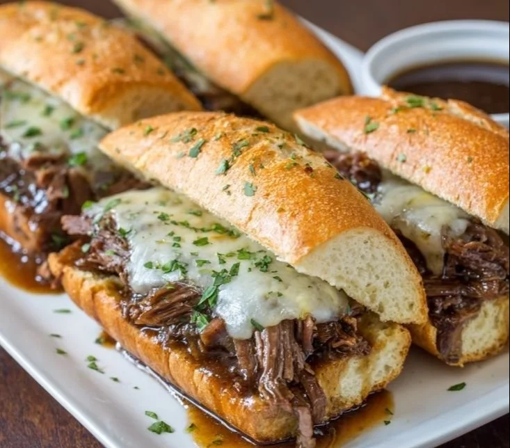 Crockpot French Dip Sandwiches with beef and au jus in a bun