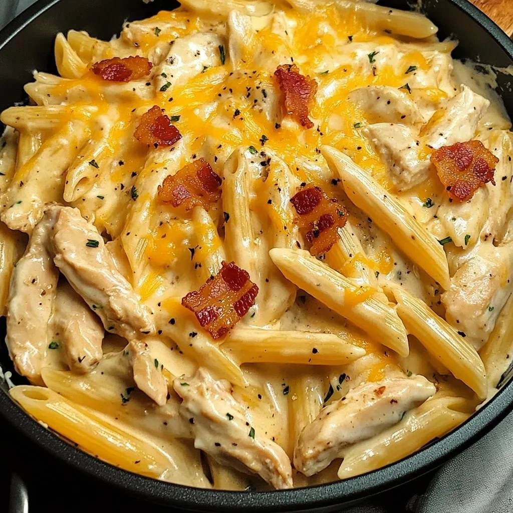 Bowl of creamy Crack Chicken Penne garnished with herbs and cheese