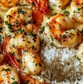 Delicious garlic butter shrimp served over rice.
