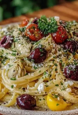 Fresh lemon herb Mediterranean pasta salad with artichokes and vegetables