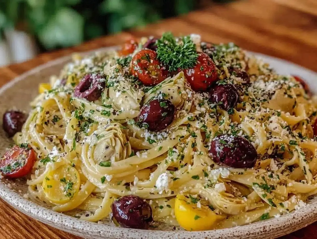 Fresh lemon herb Mediterranean pasta salad with artichokes and vegetables