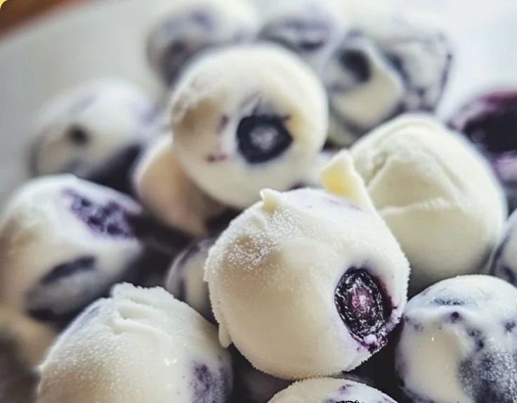Frozen Yogurt Blueberry Bites served in a bowl, showcasing their vibrant color and texture.