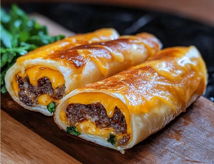 Garlic butter beef cheeseburger rollups served on a plate