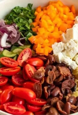 Delicious Greek Pasta Salad with olives, feta cheese and fresh vegetables