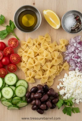 Delicious Greek pasta salad with feta cheese and fresh vegetables.