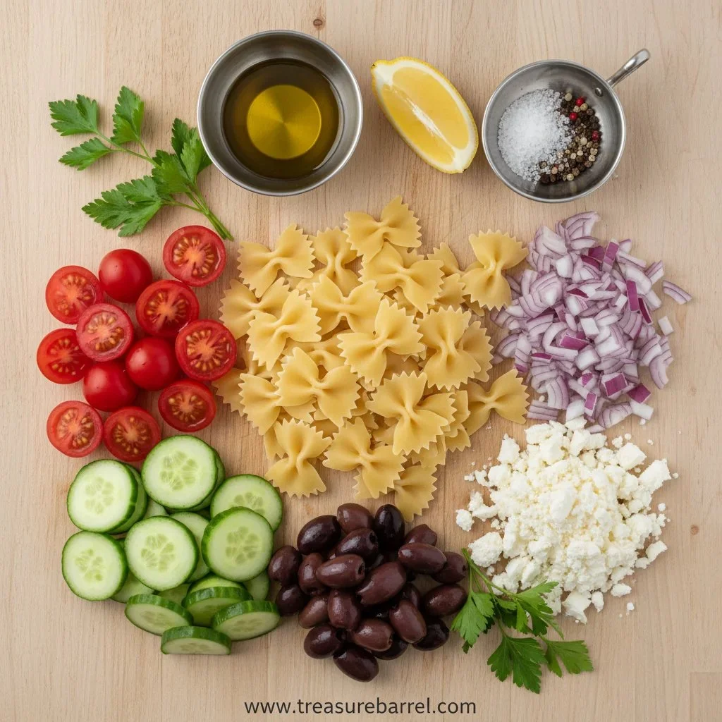 Delicious Greek pasta salad with feta cheese and fresh vegetables.