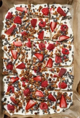 Greek Yogurt Bark topped with fruits and nuts on a marble surface