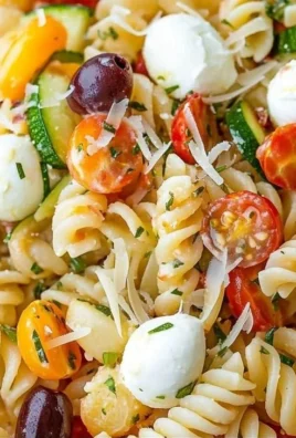 Healthy cold pasta salad with fresh vegetables and dressing