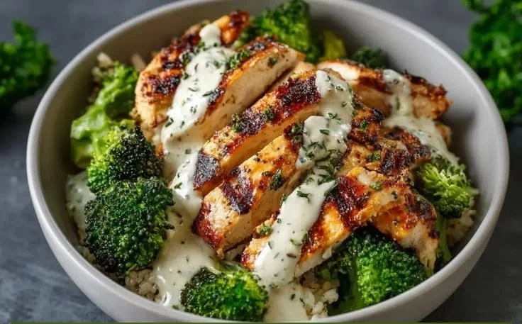 Healthy Grilled Chicken Broccoli Bowls with Creamy Garlic Sauce