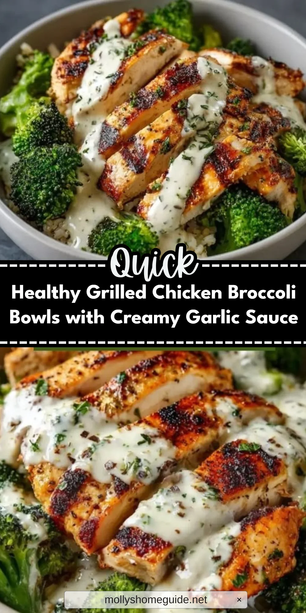 Healthy Grilled Chicken Broccoli Bowls with Creamy Garlic Sauce
