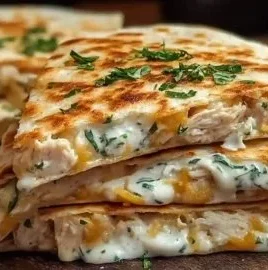 High-protein chicken ranch quesadilla served on a plate with fresh ingredients.