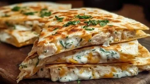 High-protein chicken ranch quesadilla served on a plate with fresh ingredients.