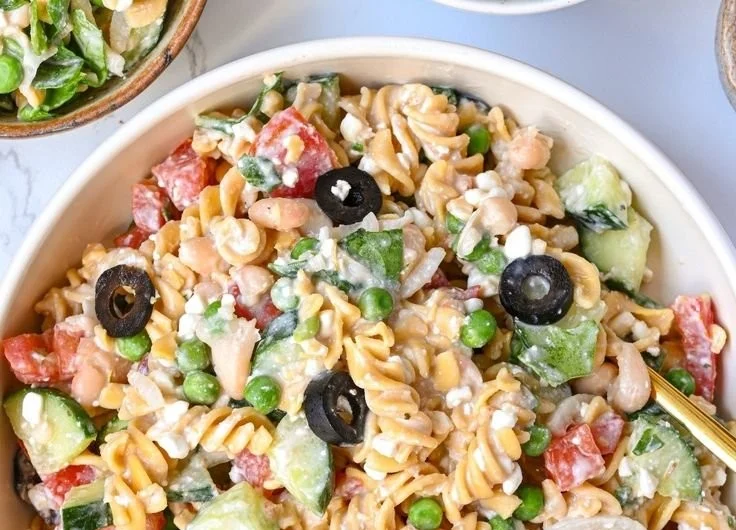 High protein pasta salad with fresh vegetables and protein-rich ingredients