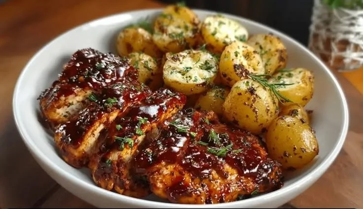 Honey BBQ Chicken Potatoes served on a plate with fresh herbs