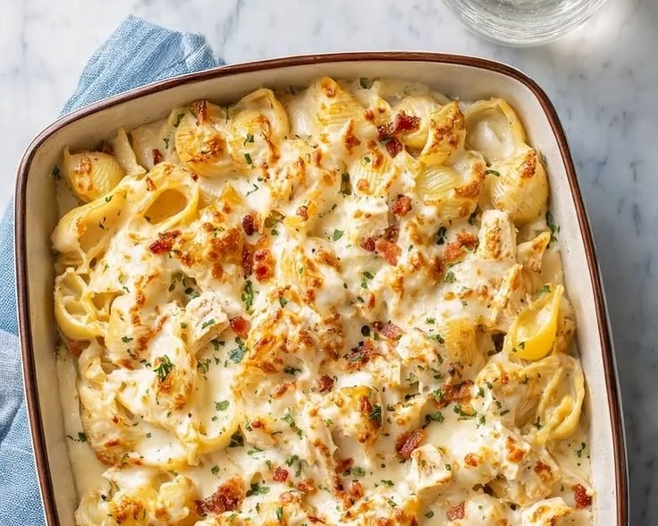 Irresistible Crack Chicken Casserole topped with cheese and herbs in a baking dish