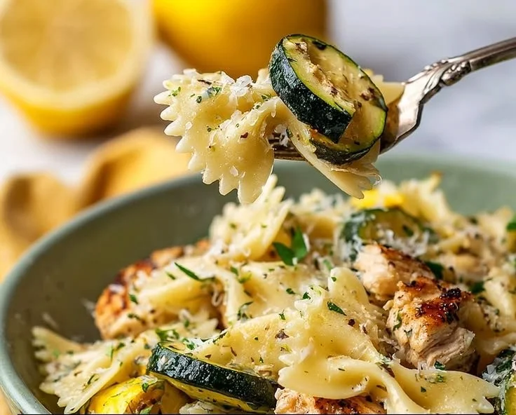 Delicious Italian Lemon Chicken Pasta served with fresh herbs.