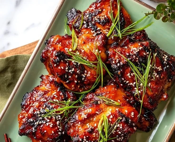 Juicy Japanese BBQ chicken thighs served with garnish and sauce