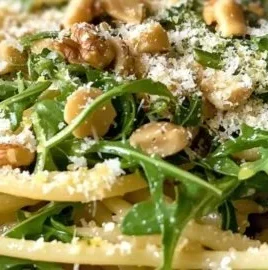 Bowl of Lemon Arugula Pasta Salad garnished with lemon slices and arugula leaves