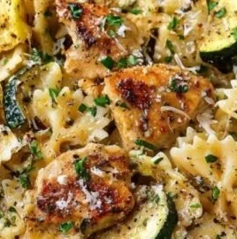Delicious lemon chicken pasta in a creamy sauce garnished with herbs.