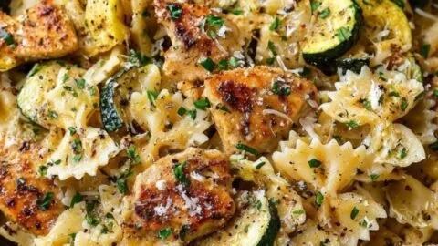 Delicious lemon chicken pasta in a creamy sauce garnished with herbs.