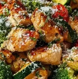 A colorful loaded chicken and veggie skillet filled with vibrant ingredients.