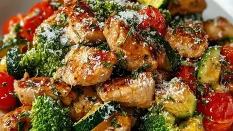 A colorful loaded chicken and veggie skillet filled with vibrant ingredients.