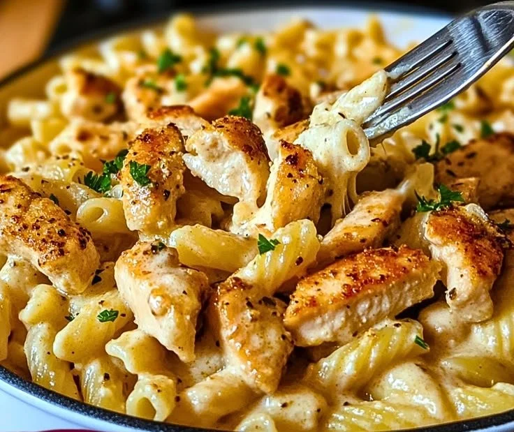 One Pot Garlic Parmesan Chicken Pasta served in a bowl with herbs
