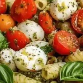 Colorful Pasta Salad with Basil Pesto served in a bowl with fresh veggies