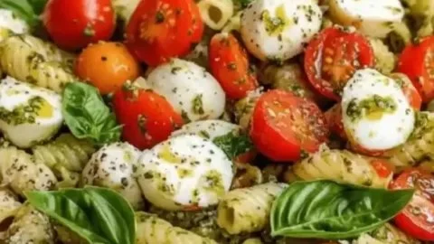 Colorful Pasta Salad with Basil Pesto served in a bowl with fresh veggies