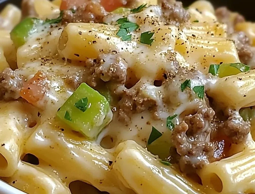 Delicious Philly Cheesesteak Pasta garnished with herbs and cheese