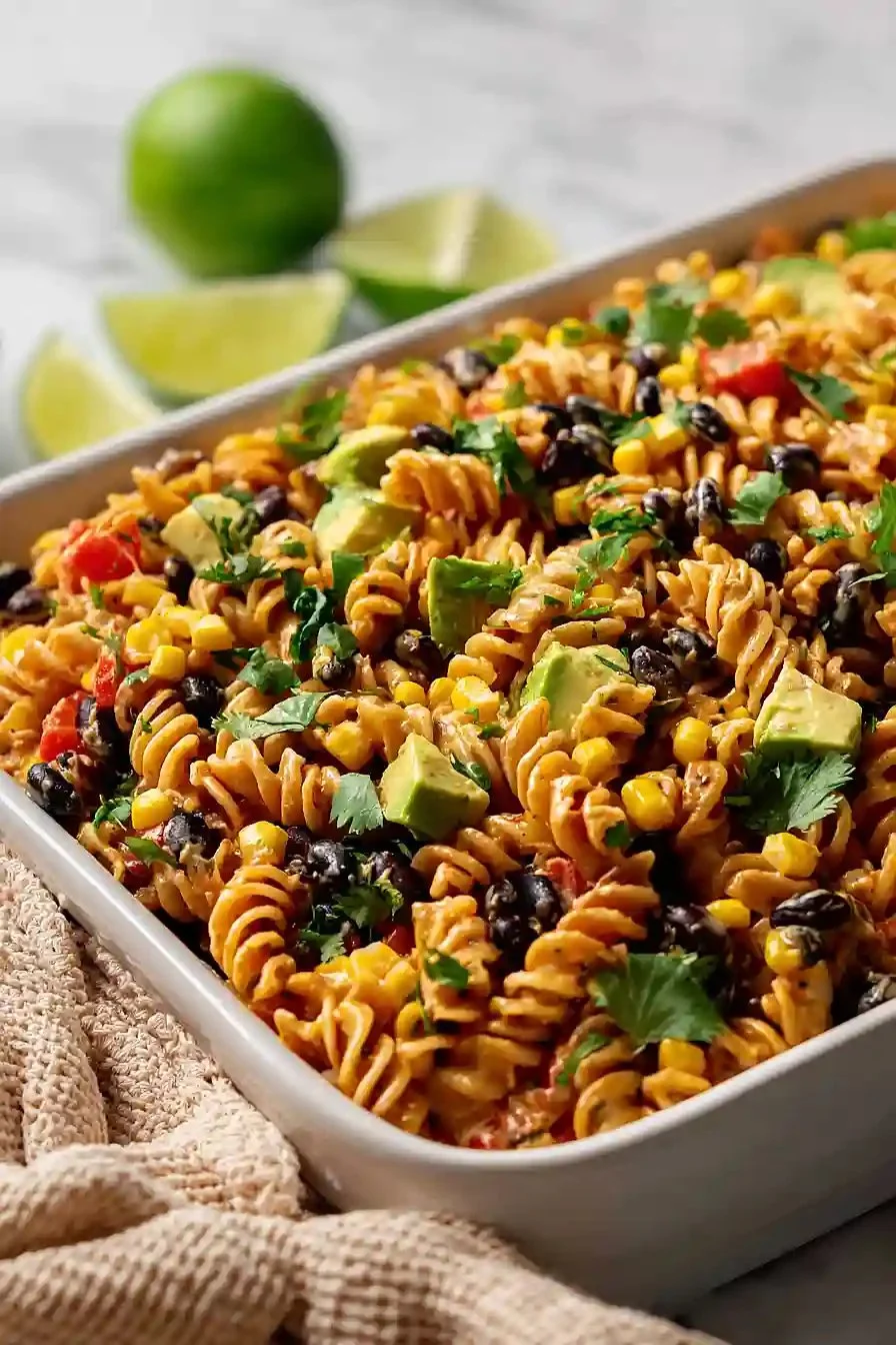 Quick high protein Southwest pasta salad with colorful veggies and beans
