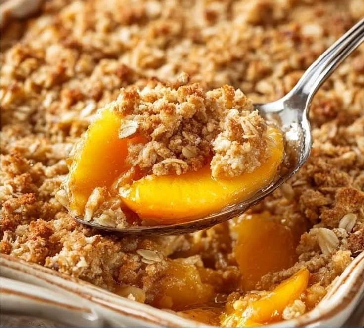 Delicious rustic peach crisp with juicy peaches and oat topping