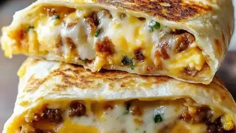 Delicious breakfast crunchwrap filled with eggs, cheese, and toppings.