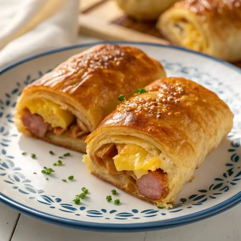 Sausage egg breakfast roll-ups on a plate ready to eat