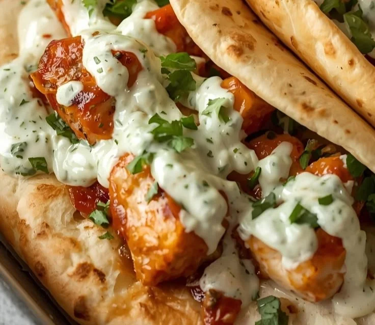 Sheet pan chicken pitas with herby ranch served on a plate.