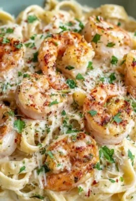 Shrimp Alfredo pasta with creamy garlic butter sauce served in a white bowl