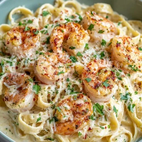 Shrimp Alfredo pasta with creamy garlic butter sauce served in a white bowl