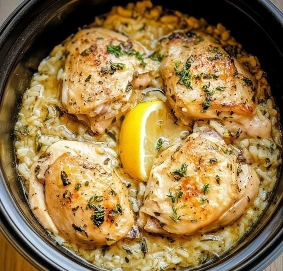 Slow Cooker Lemon Herb Chicken served with rice and herbs on a plate