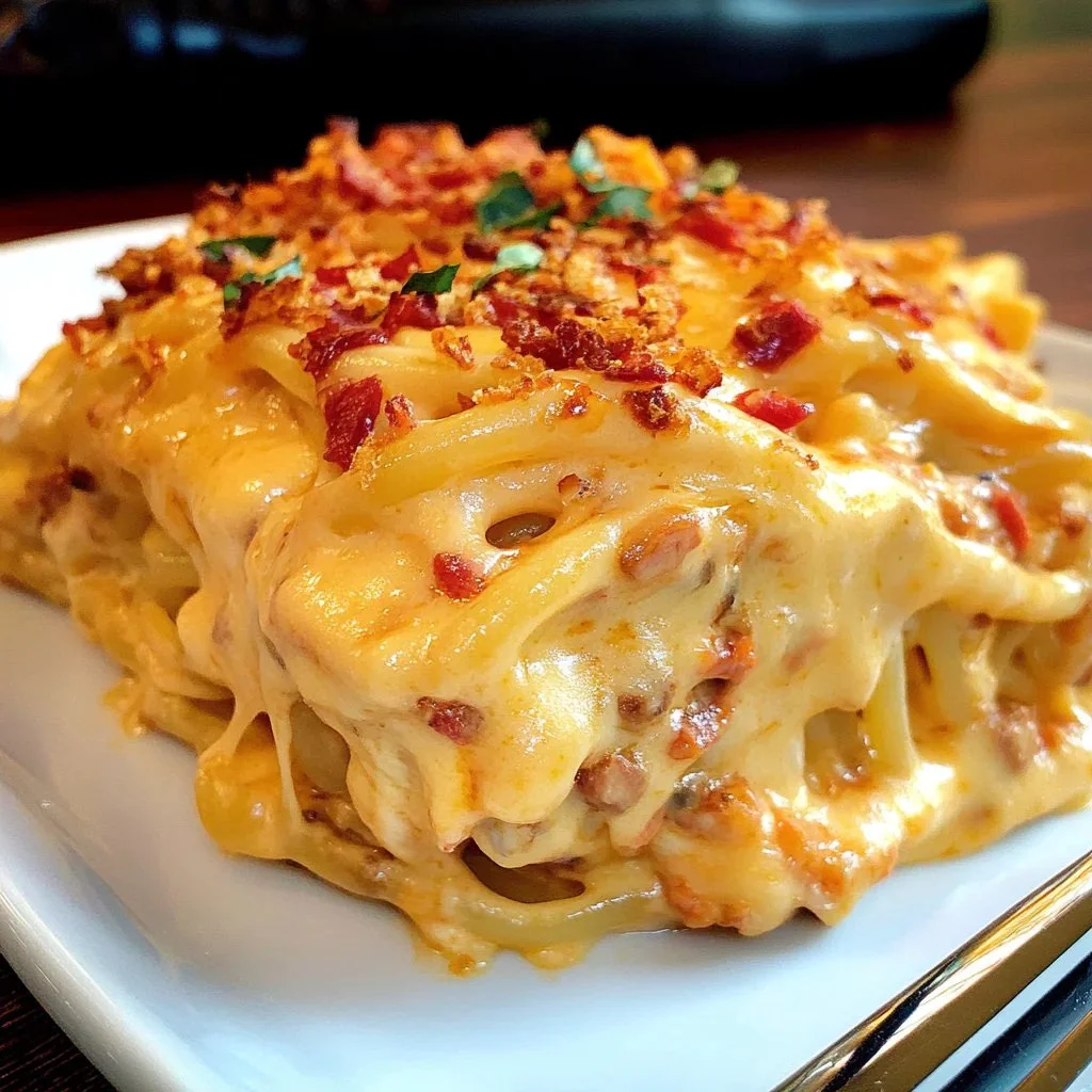 Delicious spicy Southern cheesy chicken spaghetti casserole topped with cheese.