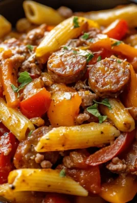Plate of Sweet Pepper & Sausage Pasta garnished with herbs