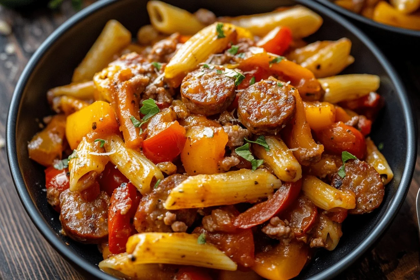 Plate of Sweet Pepper & Sausage Pasta garnished with herbs