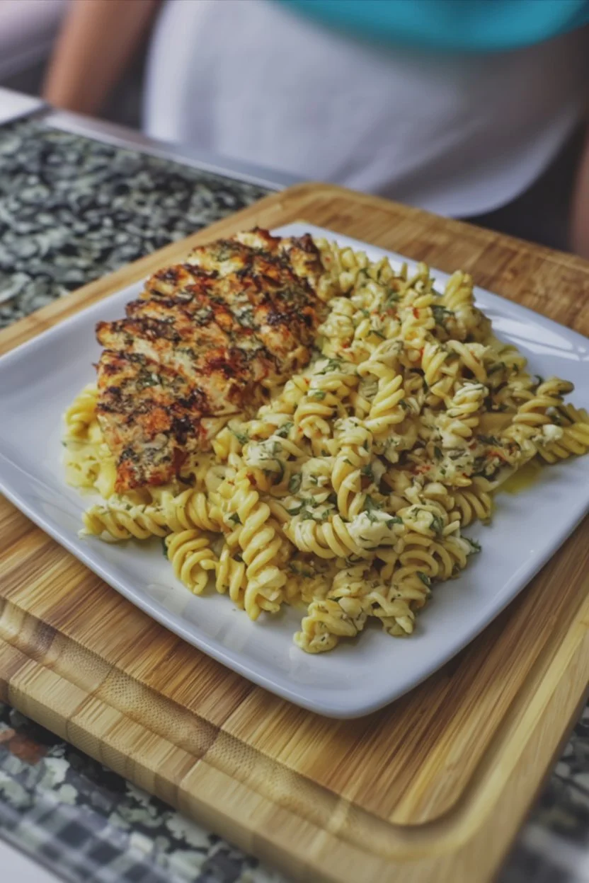 Creamy garlic parmesan chicken pasta served in a bowl with herbs and cheese garnish