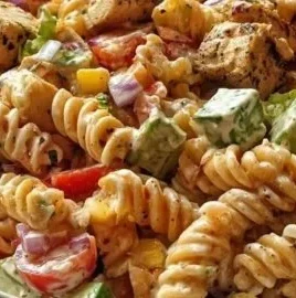 Zesty high-protein BBQ chicken pasta salad garnished with fresh herbs and vegetables