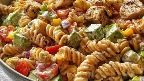 Zesty high-protein BBQ chicken pasta salad garnished with fresh herbs and vegetables