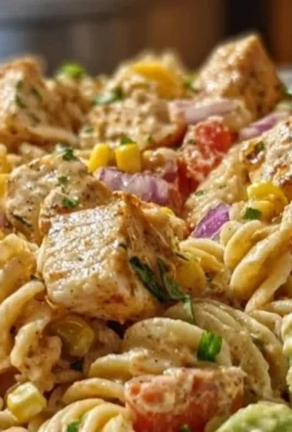 High-protein BBQ chicken pasta salad with vibrant vegetables and zesty dressing
