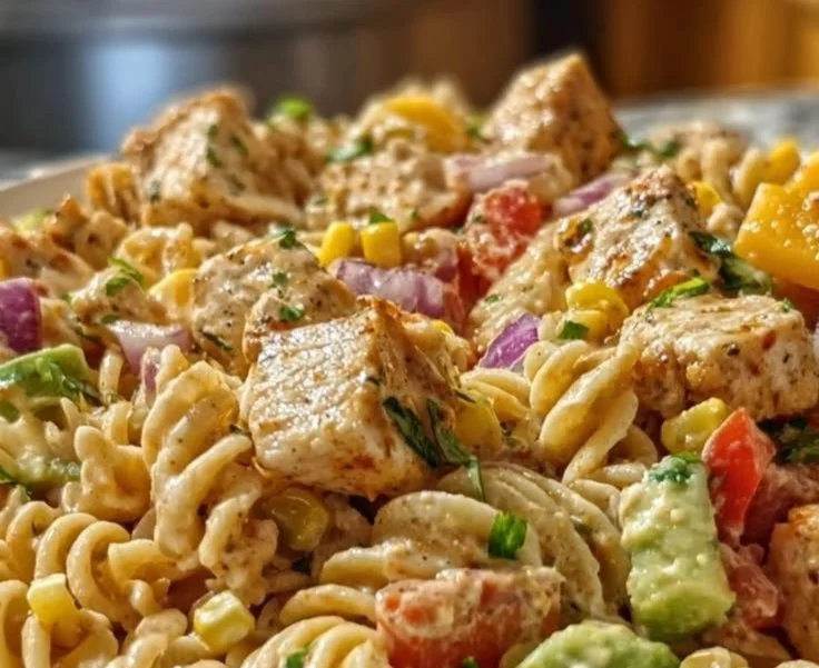 High-protein BBQ chicken pasta salad with vibrant vegetables and zesty dressing