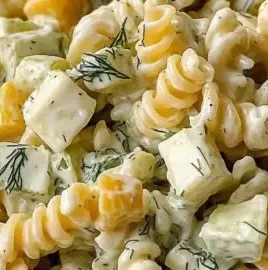 Zesty dill pickle pasta salad served in a bowl, perfect for summer gatherings.